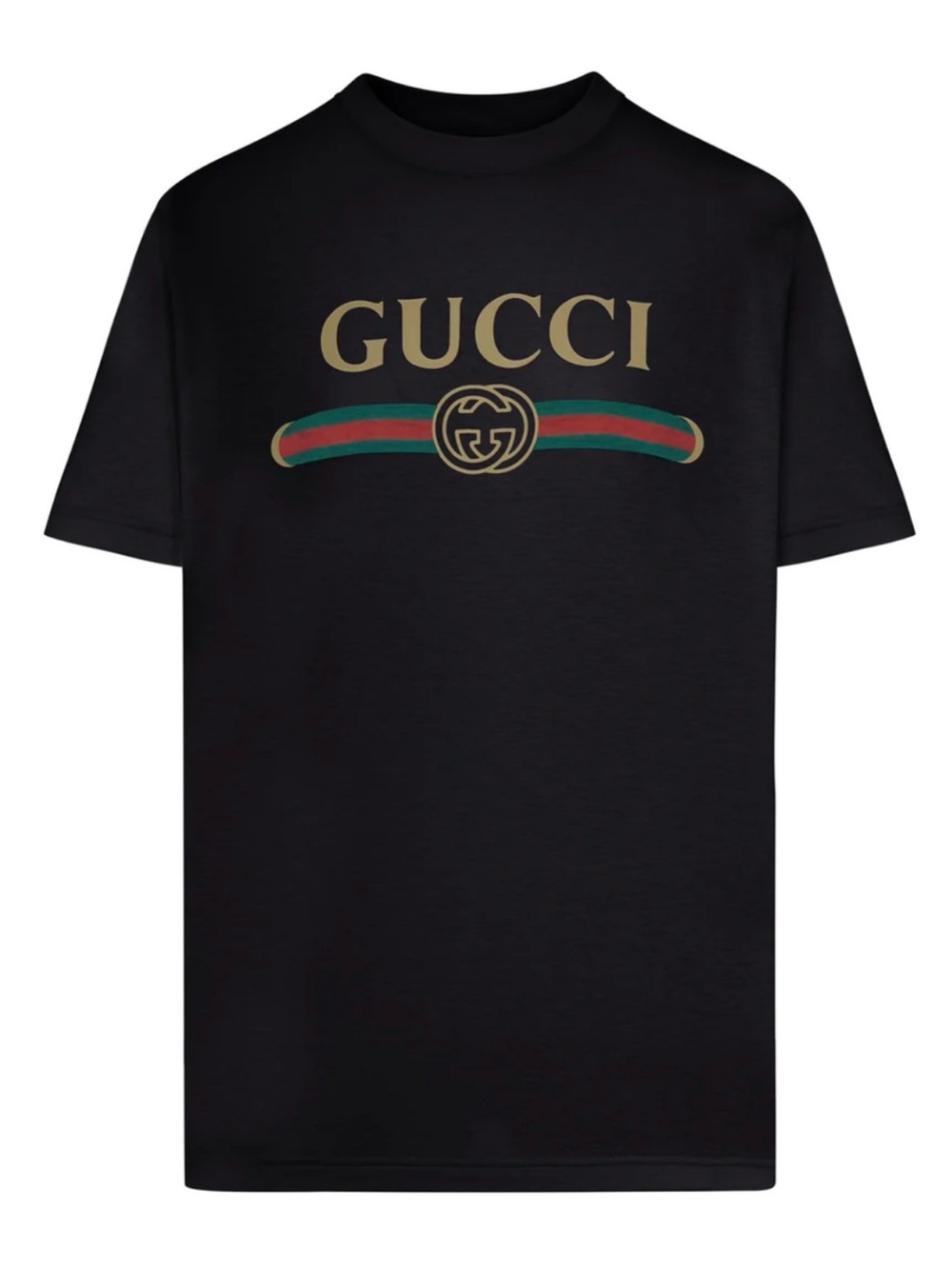 New Gucci Black Short Sleeve Tee with Gold Logo & Green-Red Stripe - Size XL USA